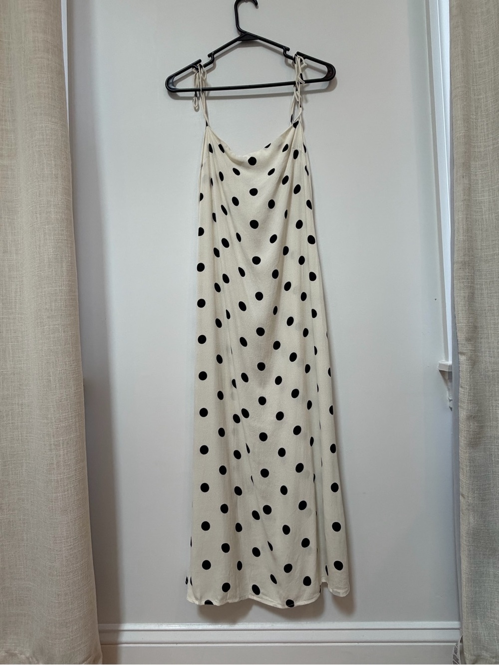 Reformation Cream Maxi Slip Dress with Black Polka Dots and Tie Straps